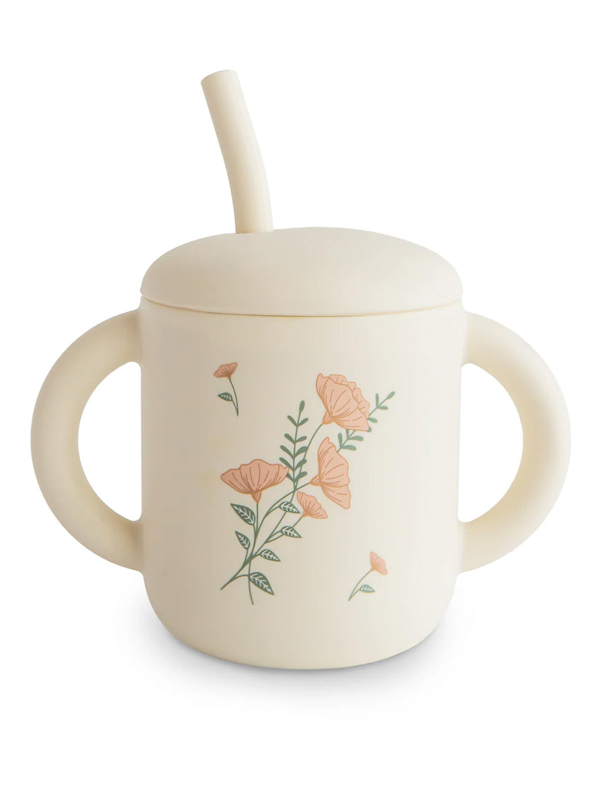 Silicone Training Cup with Straw, Pink Flowers